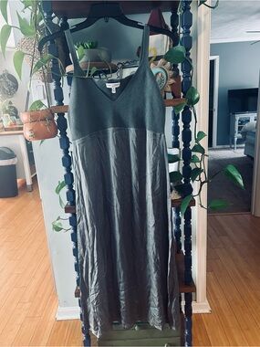Lightweight Silk Olive Maxi Dress with V-Neck Knit Bodice